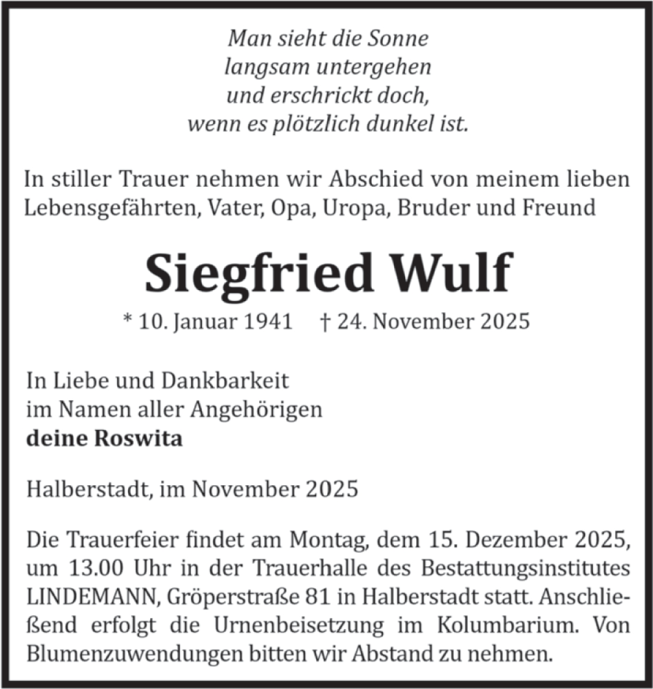  Traueranzeige für Siegfried Wulf vom 29.11.2025 aus Volksstimme Halberstadt