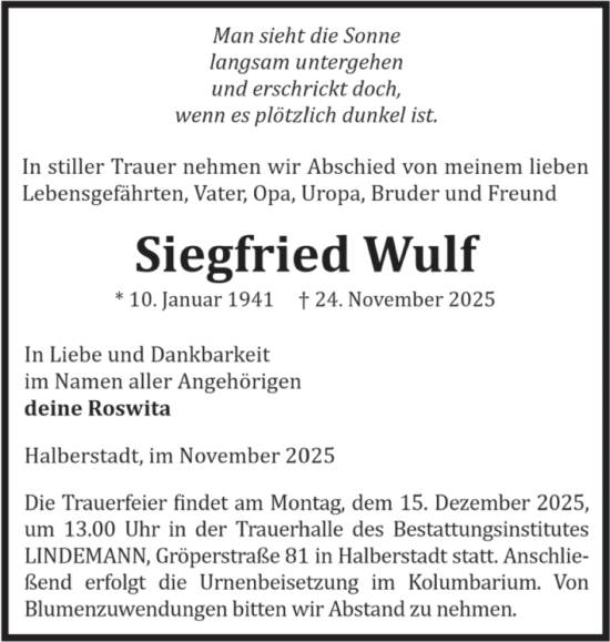 Traueranzeige von Siegfried Wulf von Volksstimme Halberstadt