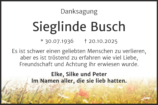 Traueranzeige von Sieglinde Busch von Mitteldeutsche Zeitung Halle/Saalkreis