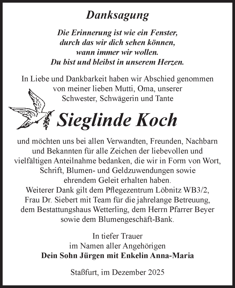  Traueranzeige für Sieglinde Koch vom 13.12.2025 aus Volksstimme Staßfurt