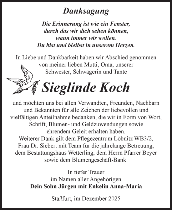 Traueranzeige von Sieglinde Koch von Volksstimme Staßfurt