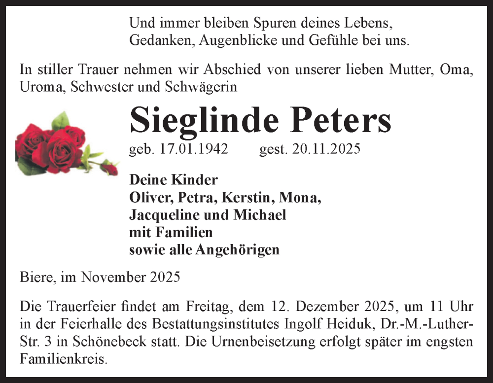  Traueranzeige für Sieglinde Peters vom 29.11.2025 aus Volksstimme Schönebeck