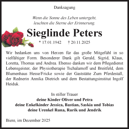Traueranzeige von Sieglinde Peters von Volksstimme Schönebeck