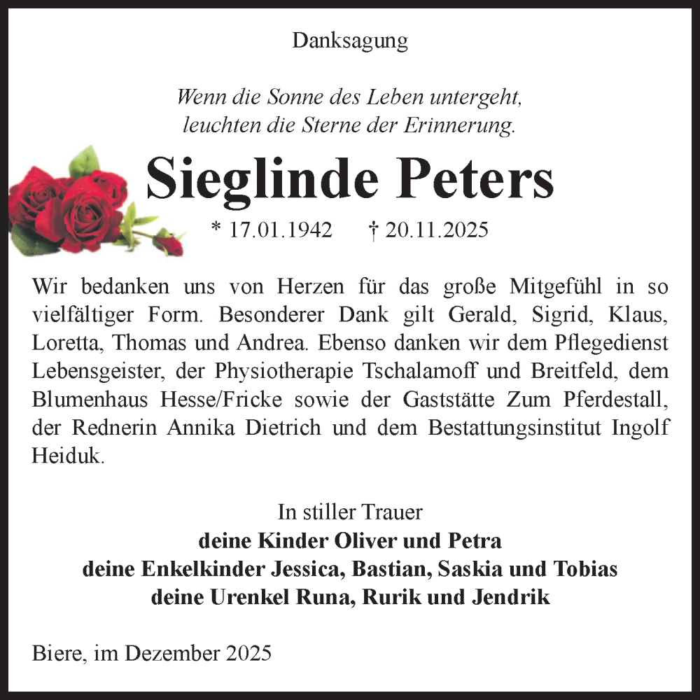  Traueranzeige für Sieglinde Peters vom 20.12.2025 aus Volksstimme Schönebeck