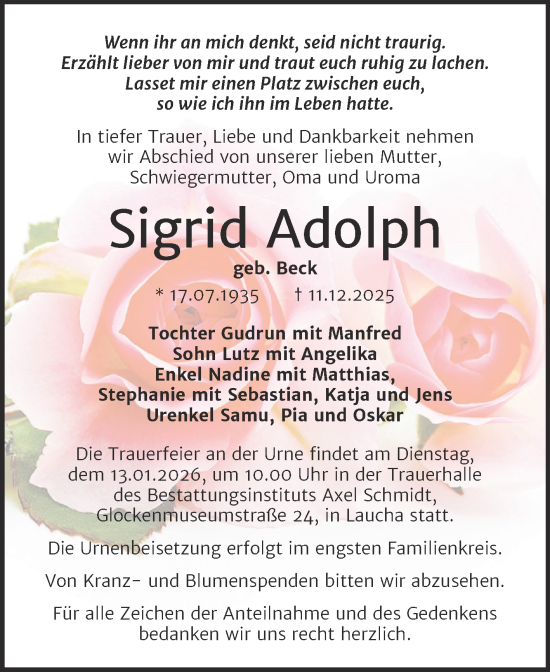 Traueranzeige von Sigrid Adolph von Super Sonntag Naumburg/Nebra