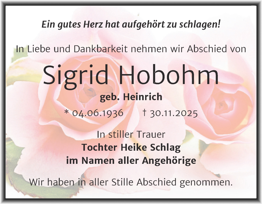  Traueranzeige für Sigrid Hobohm vom 06.12.2025 aus Trauerkombi Zeitz