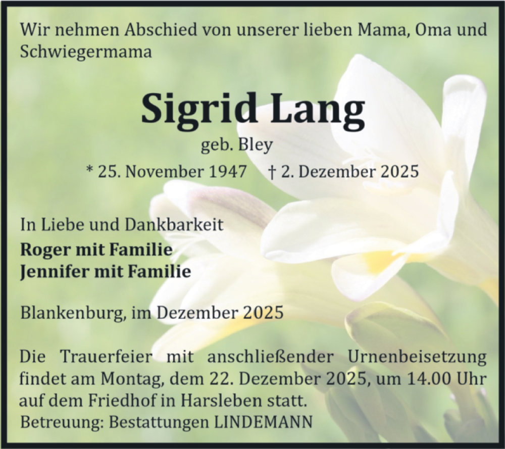  Traueranzeige für Sigrid Lang vom 13.12.2025 aus Volksstimme Wernigerode