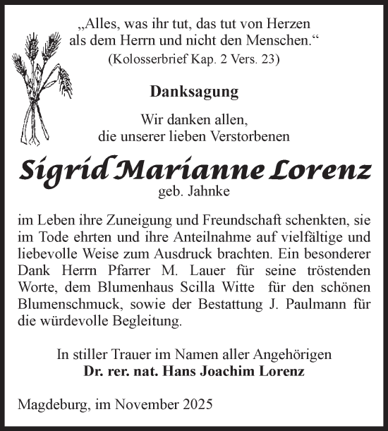 Traueranzeige von Sigrid Marianne Lorenz von Volksstimme Halberstadt