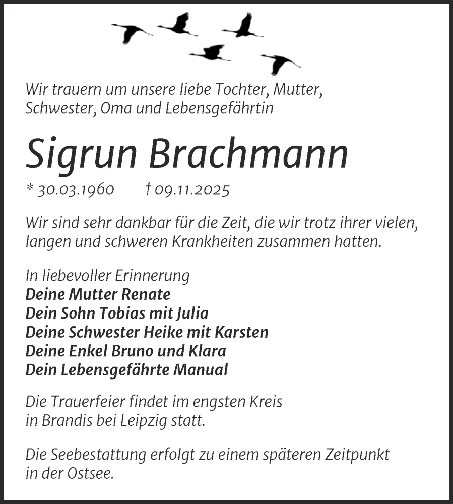  Traueranzeige für Sigrun Brachmann vom 29.11.2025 aus Super Sonntag Sangerhausen