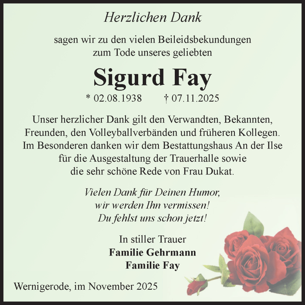  Traueranzeige für Sigurd Fay vom 29.11.2025 aus Volksstimme Wernigerode