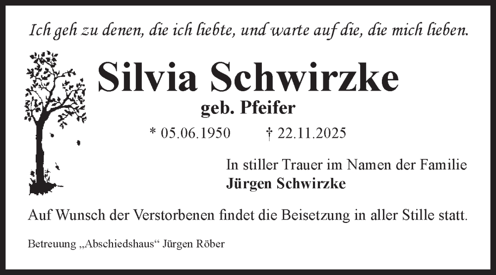  Traueranzeige für Silvia Schwirzke vom 06.12.2025 aus Volksstimme Magdeburg