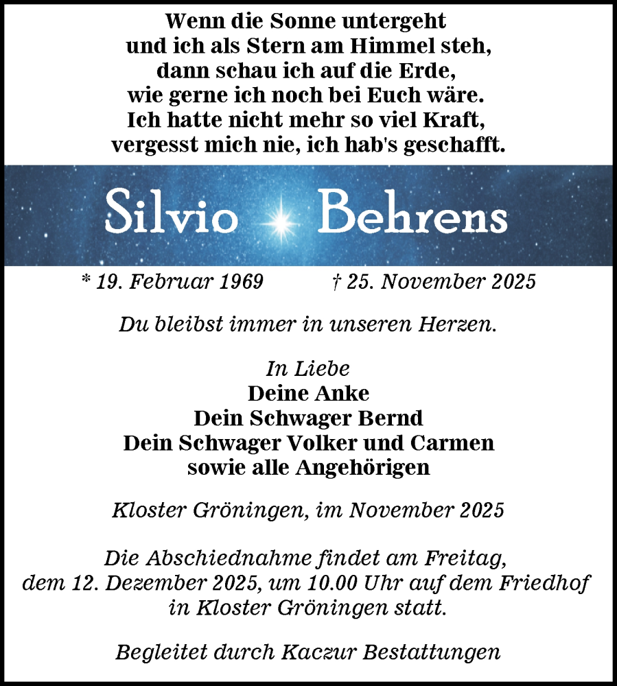  Traueranzeige für Silvio Behrens vom 06.12.2025 aus Volksstimme Oschersleben/Wanzleben