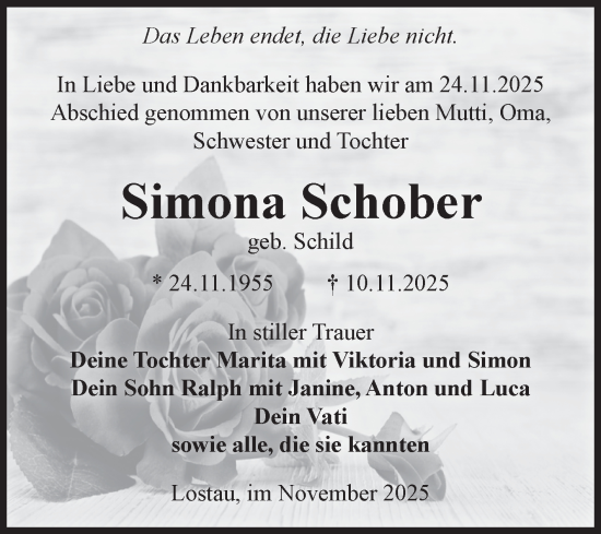 Traueranzeige von Simona Schober von Volksstimme Burg/Genthin