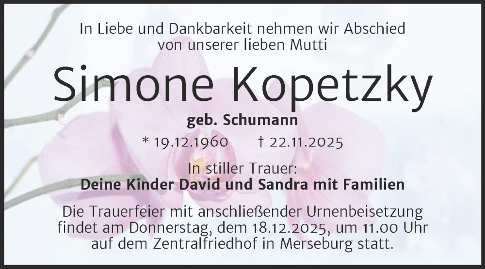  Traueranzeige für Simone Kopetzky vom 06.12.2025 aus Trauerkombi Merseburg