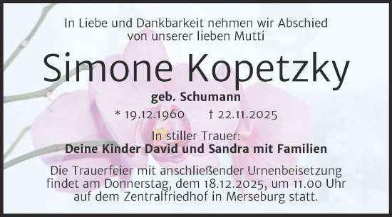 Traueranzeige von Simone Kopetzky von Trauerkombi Merseburg