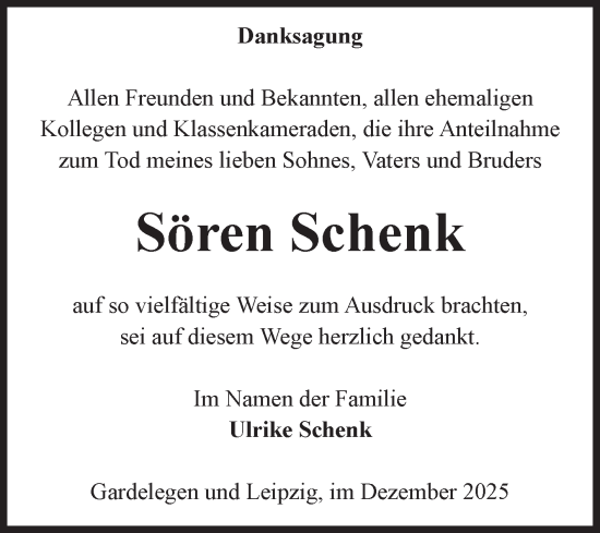 Traueranzeige von Sören Schenk von Volksstimme Altmark West