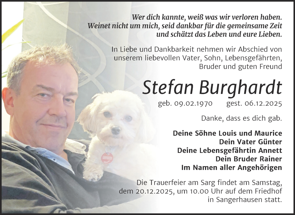  Traueranzeige für Stefan Burghardt vom 13.12.2025 aus Trauerkombi Sangerhausen