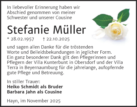 Traueranzeige von Stefanie Müller von Trauerkombi Sangerhausen