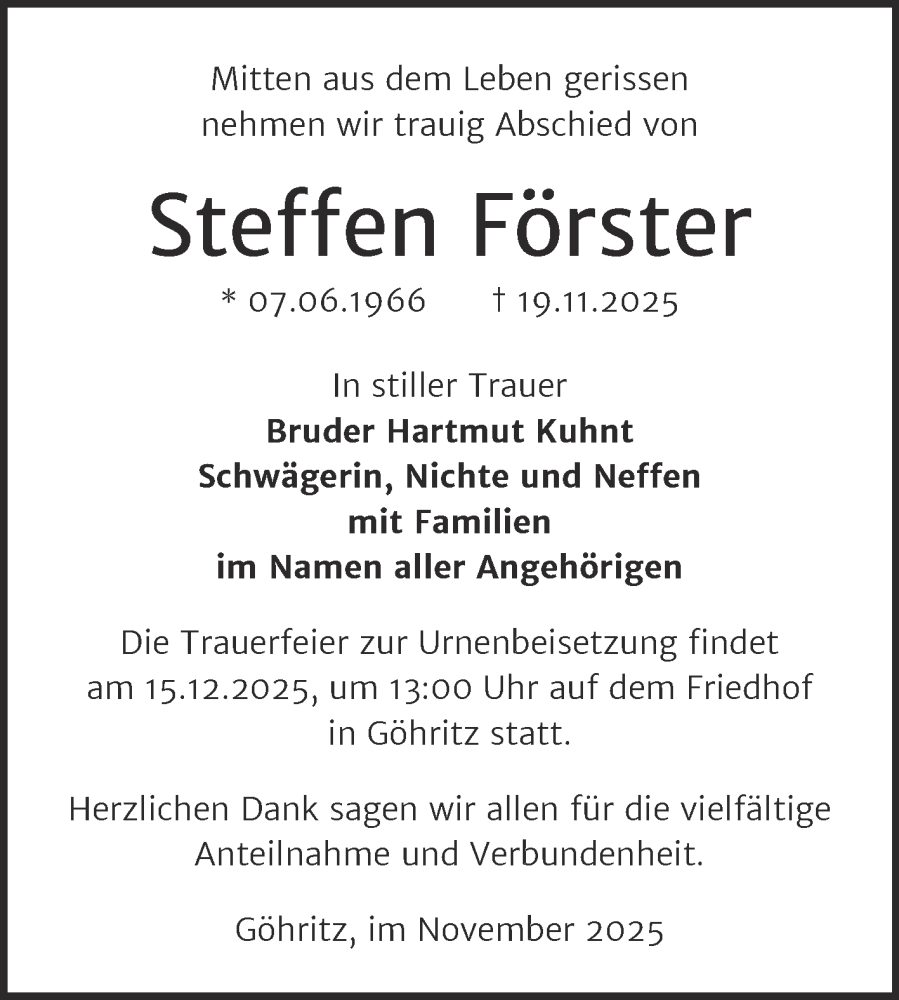  Traueranzeige für Steffen Förster vom 06.12.2025 aus Trauerkombi Merseburg