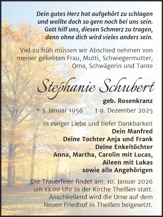 Traueranzeige von Stephanie Schubert von Trauerkombi Zeitz