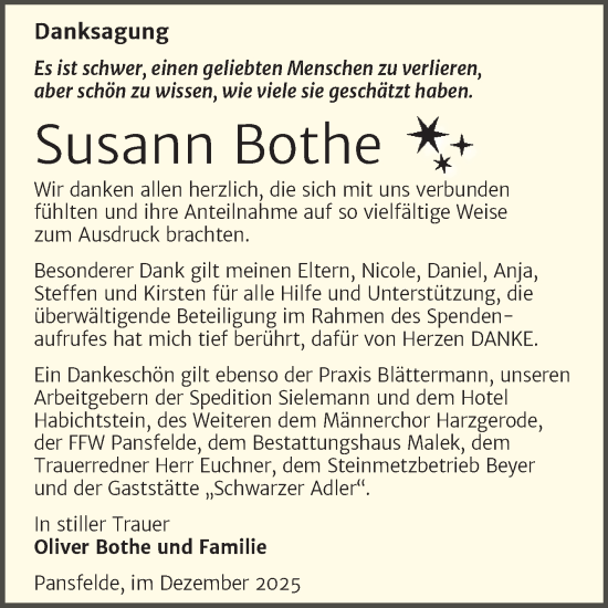 Traueranzeige von Susann Bothe von Trauerkombi Quedlinburg