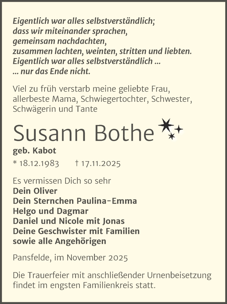  Traueranzeige für Susann Bothe vom 06.12.2025 aus Trauerkombi Quedlinburg
