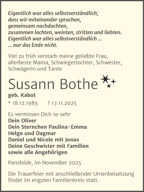 Traueranzeige von Susann Bothe von Trauerkombi Quedlinburg
