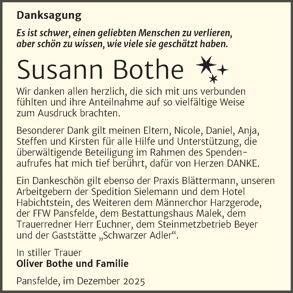  Traueranzeige für Susann Bothe vom 20.12.2025 aus Trauerkombi Quedlinburg