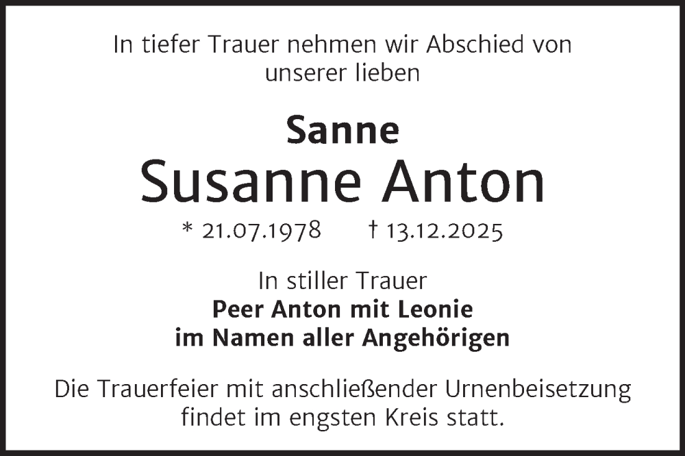  Traueranzeige für Susanne Anton vom 20.12.2025 aus Trauerkombi Wittenberg