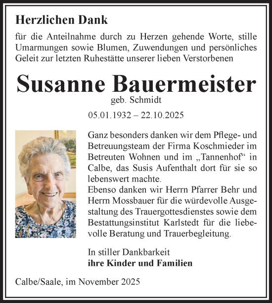 Traueranzeige von Susanne Bauermeister von Volksstimme Schönebeck