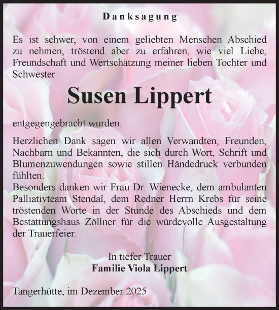 Traueranzeige von Susen Lippert von Volksstimme Altmark Ost