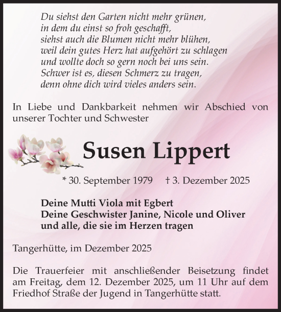 Traueranzeige von Susen Lippert von Volksstimme Altmark Ost