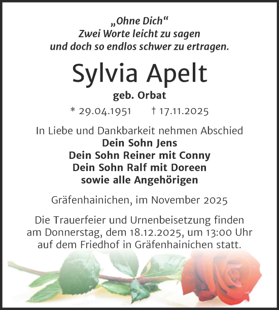 Traueranzeige von Sylvia Apelt von Trauerkombi Wittenberg