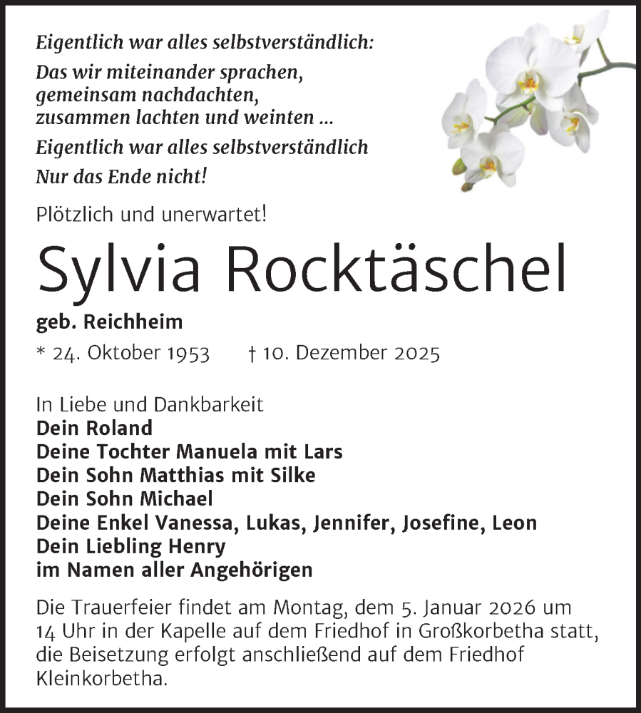  Traueranzeige für Sylvia Rocktäschel vom 27.12.2025 aus Trauerkombi Weißenfels