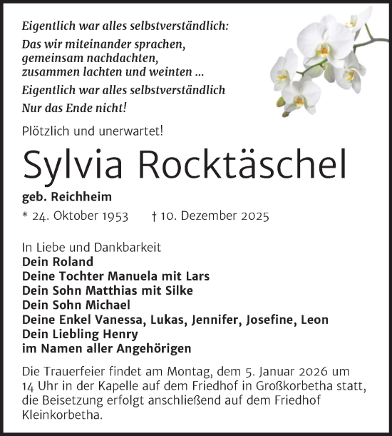 Traueranzeige von Sylvia Rocktäschel von Trauerkombi Weißenfels
