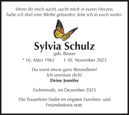 Traueranzeige von Sylvia Schulz von Volksstimme Haldensleben/Wolmirstedt