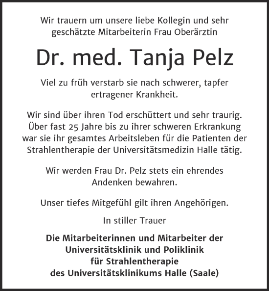 Traueranzeige von Tanja Pelz von Mitteldeutsche Zeitung Halle/Saalkreis