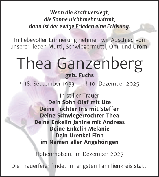 Traueranzeige von Thea Ganzenberg von Trauerkombi Weißenfels