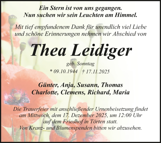 Traueranzeige von Thea Leidiger von Trauerkombi Dessau