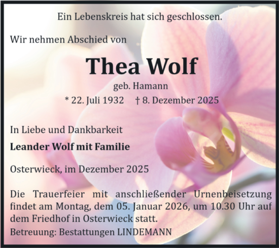 Traueranzeige von Thea Wolf von Volksstimme Halberstadt