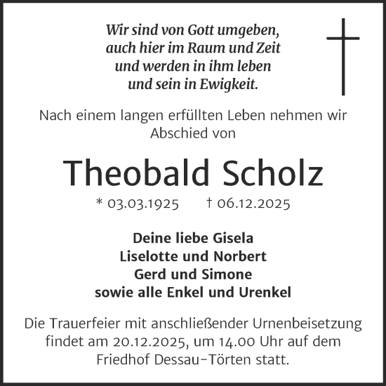 Traueranzeige von Theobald Scholz von Trauerkombi Wittenberg