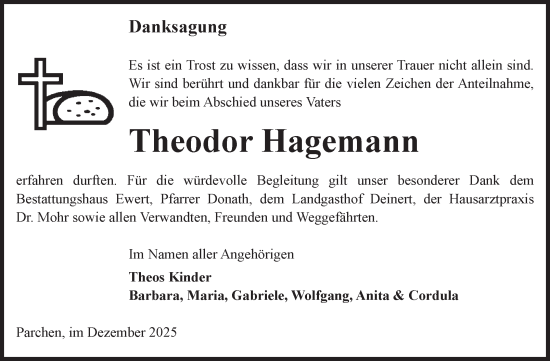 Traueranzeige von Theodor Hagemann von Volksstimme Burg/Genthin