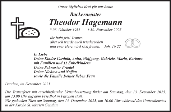 Traueranzeige von Theodor Hagemann von Volksstimme Burg/Genthin