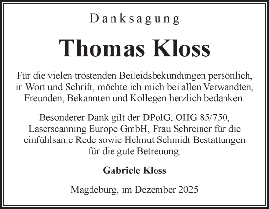 Traueranzeige von Thomas Kloss von Volksstimme Magdeburg