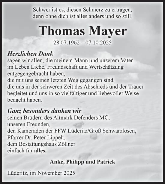 Traueranzeige von Thomas Mayer von Volksstimme Altmark Ost