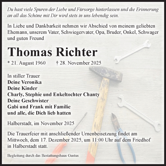 Traueranzeige von Thomas Richter von Volksstimme Halberstadt