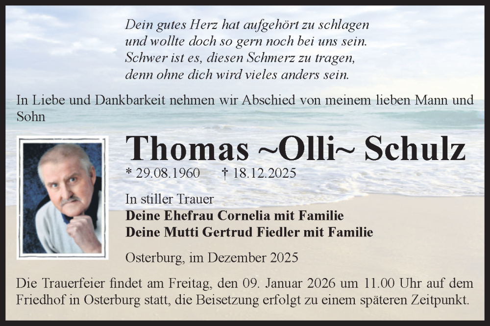  Traueranzeige für Thomas Schulz vom 27.12.2025 aus Volksstimme Altmark Ost