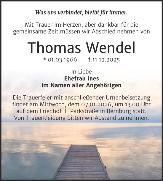 Traueranzeige von Thomas Wendel von Trauerkombi Bernburg