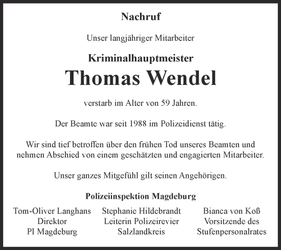 Traueranzeige von Thomas Wendel von Mitteldeutsche Zeitung Bernburg