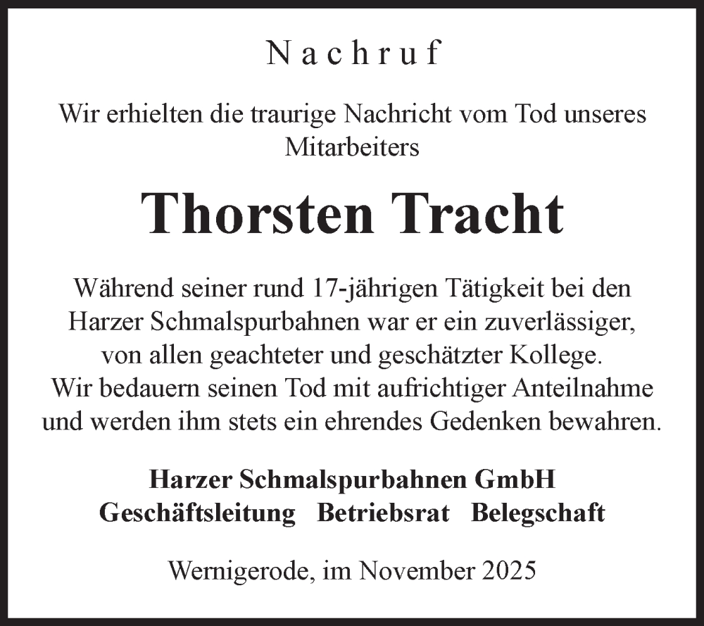  Traueranzeige für Thorsten Tracht vom 28.11.2025 aus Volksstimme Wernigerode